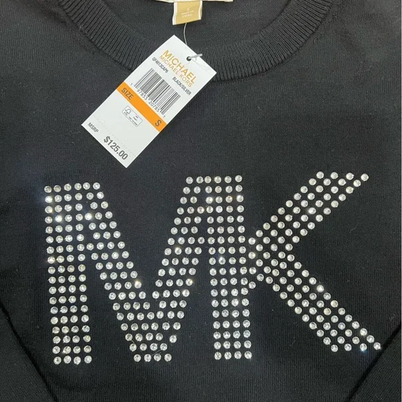 Michael Kors Black Crewneck Sweater with Silver Studded Rhinestone MK Logo Small - Picture 3 of 7